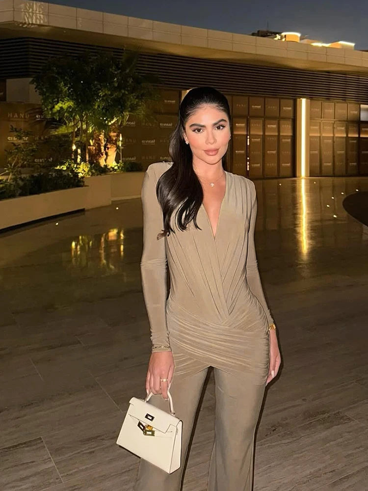 Rochester Puss Cross Ruched Patchwork Deep v-Neck Elegant Jumpsuit