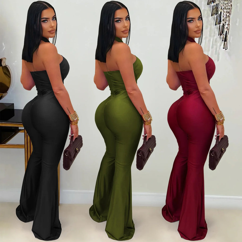 Peterborough Hollow Out Bandage Patchwork Halter Sleeveless Backless Jumpsuit