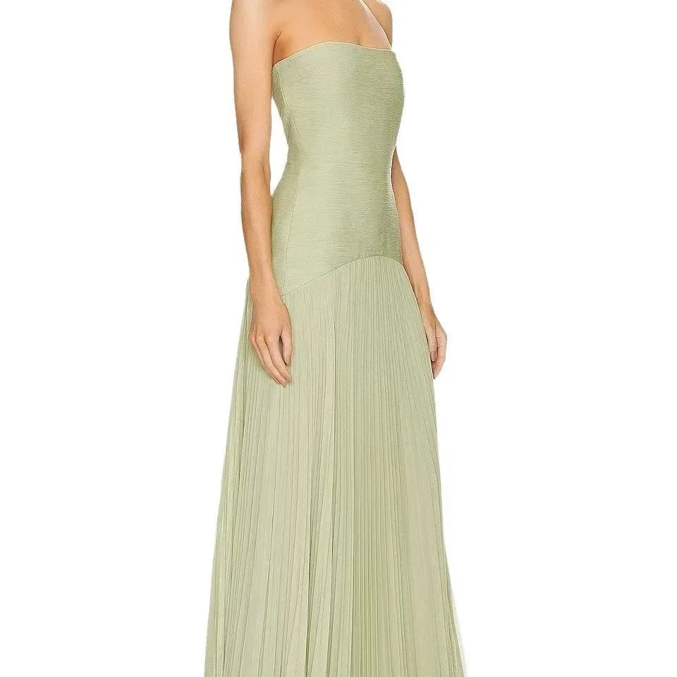 Bolair Strapl Pleated Dr Ribbed Fabric Long Elastic Waist Gored Dress