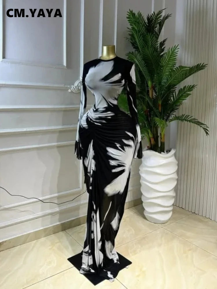 Hackensack Tie Dye Print O-neck Ruched Bodycon Long Maxi Dress