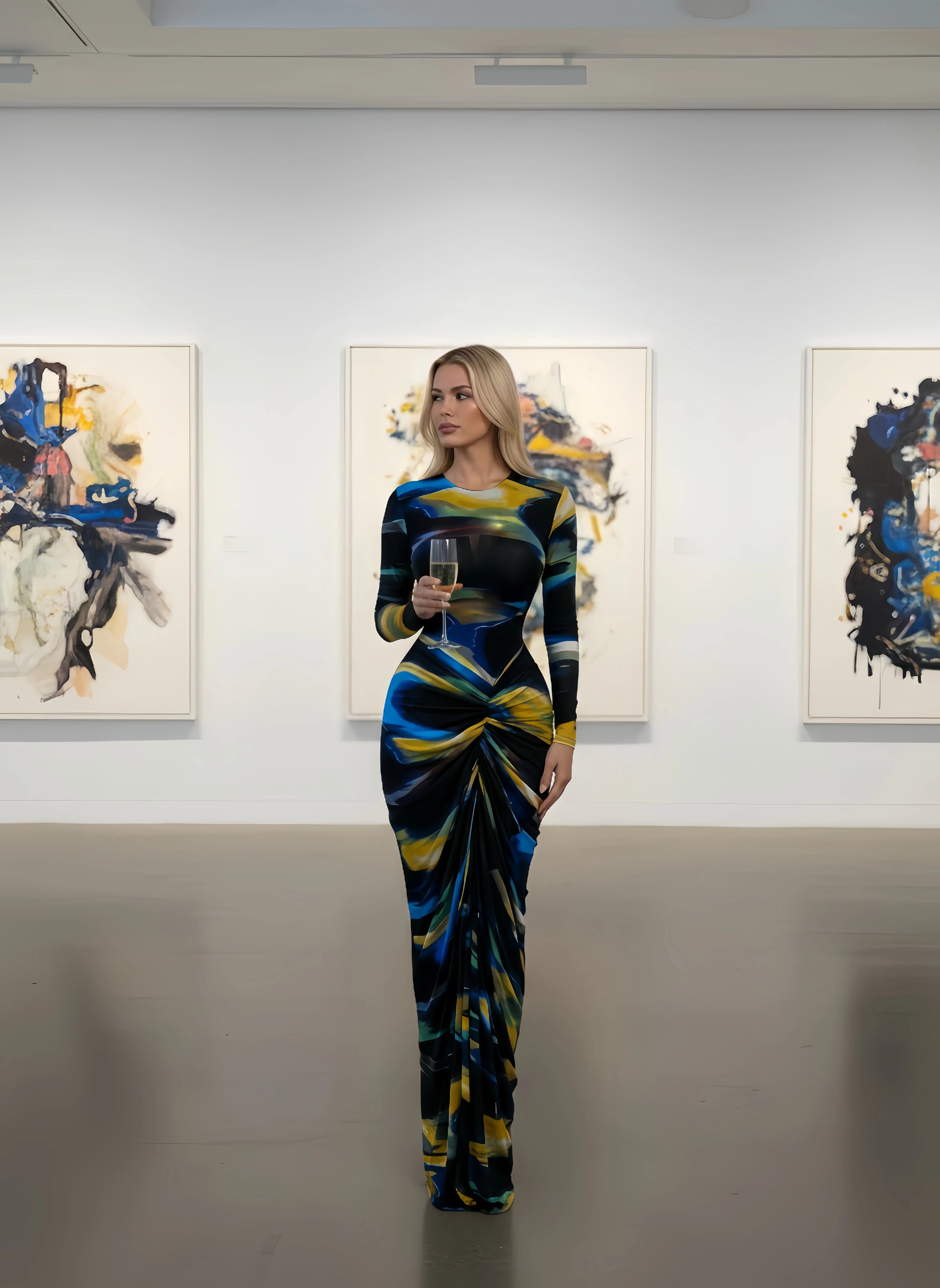La Gloria Tie Dye Print Ruched Stacked Long Sleeve Bodycon Maxi Dress