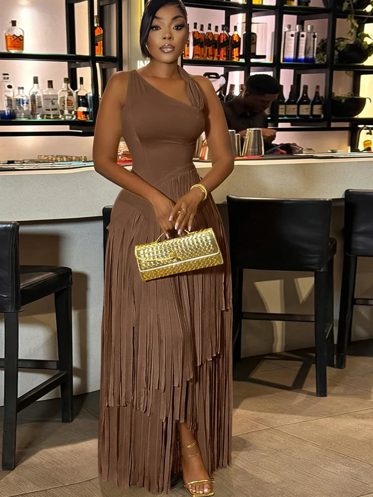 Sexy One Shoulder Red Tassel Dress Luxury Sleeveless Fringe Maxi Dress