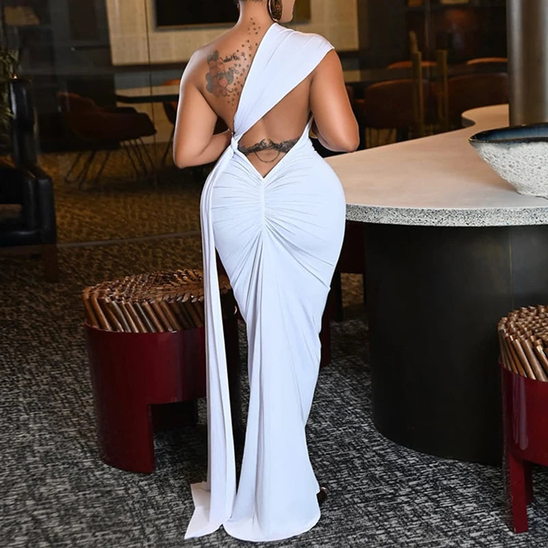 Pound Ridge Solid Diagonal Collar Sleeveless Open Back Bodycon Hollow Dress