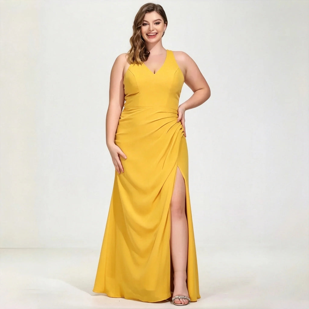 La Cuaba Dusty Pink Plus Size Chiffon Bridesmaid Sleeveless Deep V Neck Side Ruched Dress