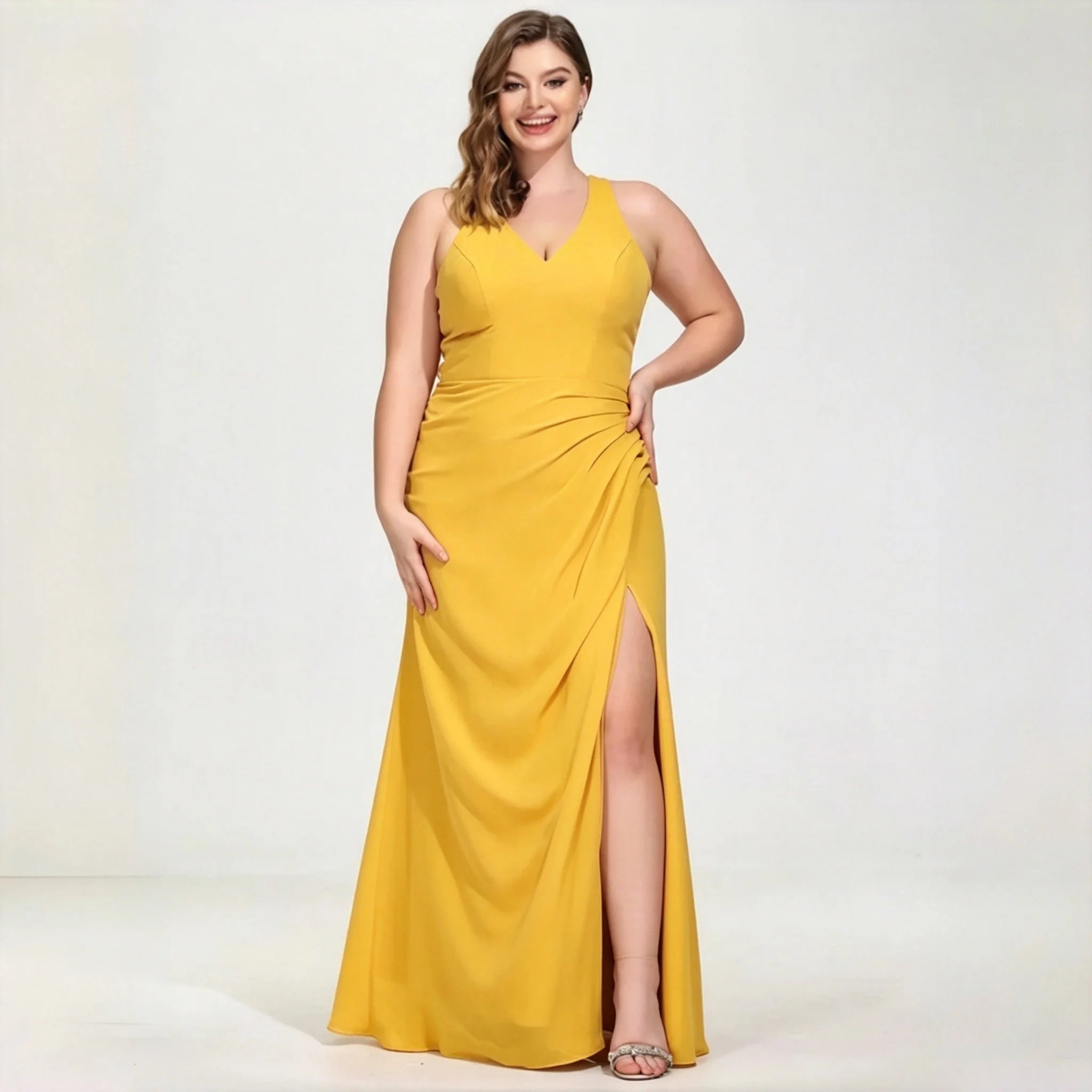 La Cuaba Dusty Pink Plus Size Chiffon Bridesmaid Sleeveless Deep V Neck Side Ruched Dress