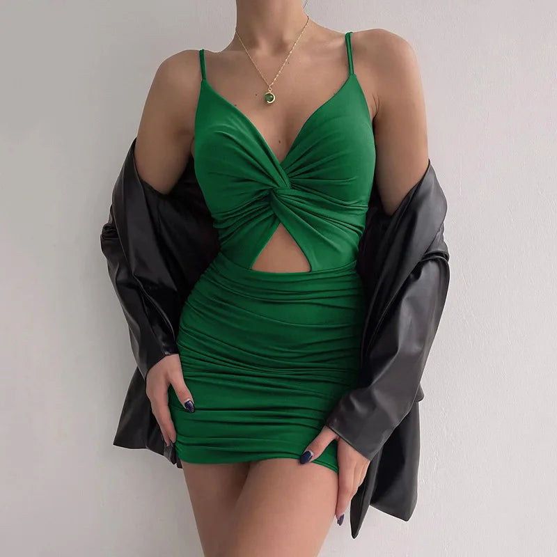 Irlanda Spaghetti Strap Bodycon Backless Folds Wrap Hip Mini Dresses