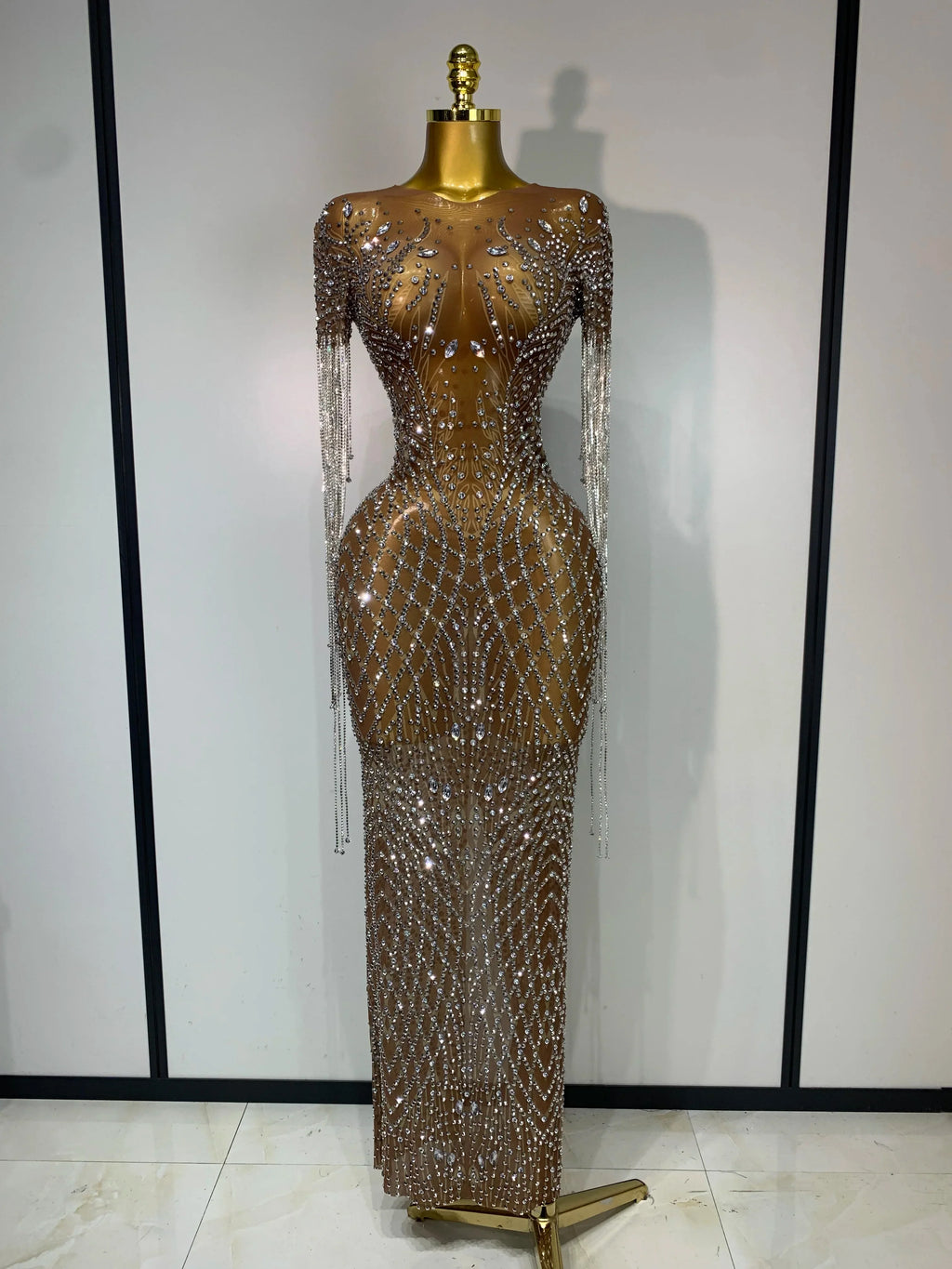 Bedford Luxury Sparkly Rhinestones Tassel Transparent Mesh Stretch Long Dress