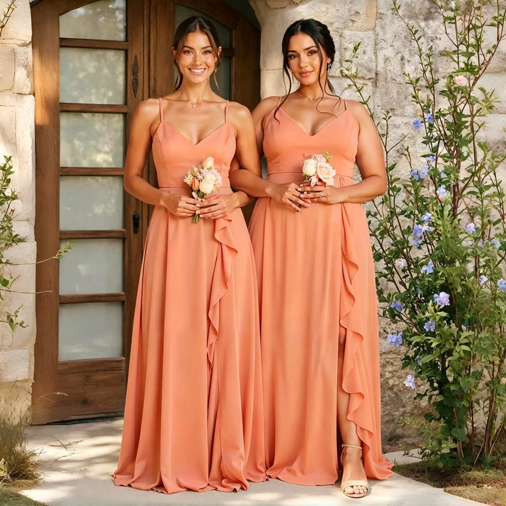 Alma Chiffon Bridesmaid Spaghetti Strap V Neck Cascading Ruffle High Side Slit A Line Dress
