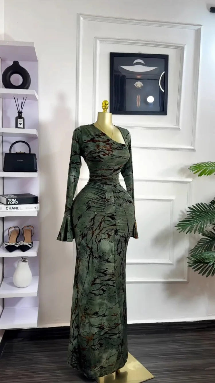 Vermella Printed Skew Neck Flare Long Sleeve Ruched Long Dress