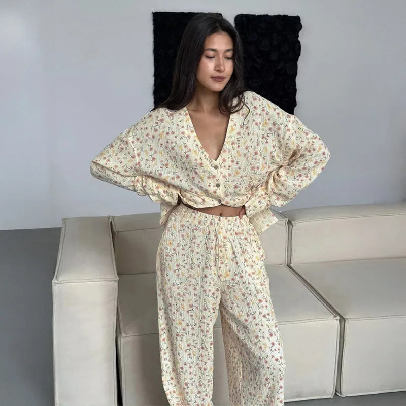 Helen Cute V Neck Long Sleeve Two Piece Sets