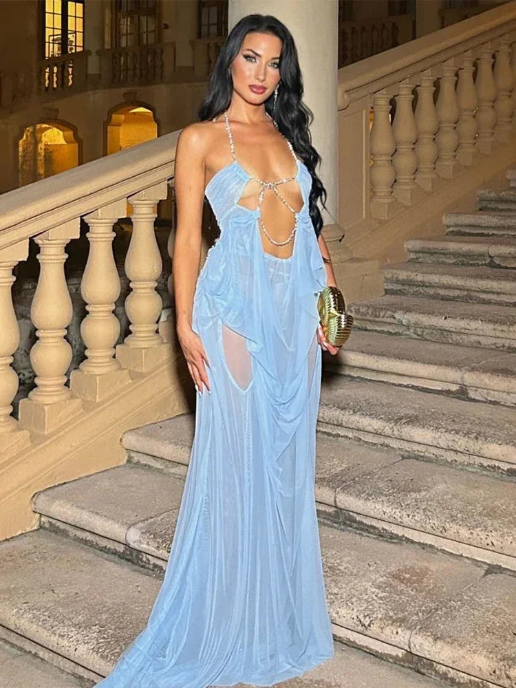 Pine Plains Sexy See Through Luxury Chain Halter Low Neck Backless Dress