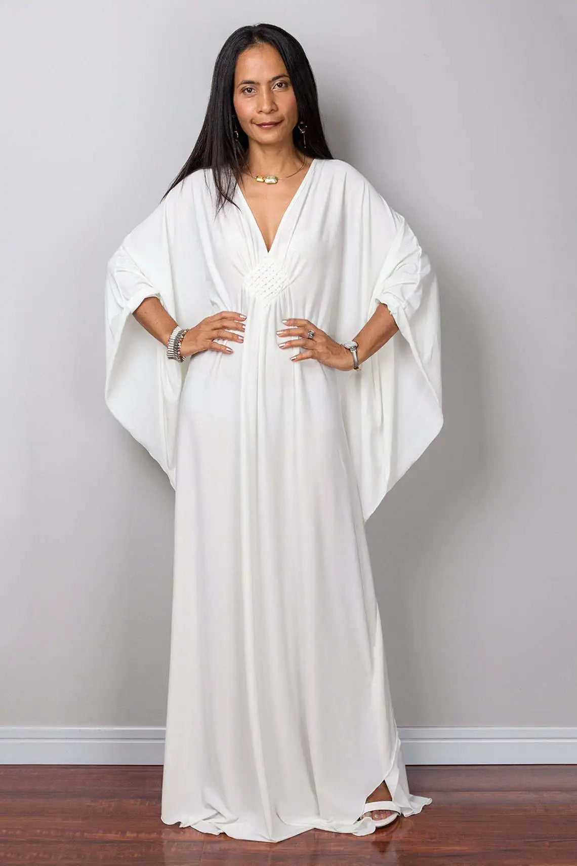 Plaza Plus Size Caftan Solid Color Plus Size Beach V Neck Cover Up Loose Soft Kaftan Dress
