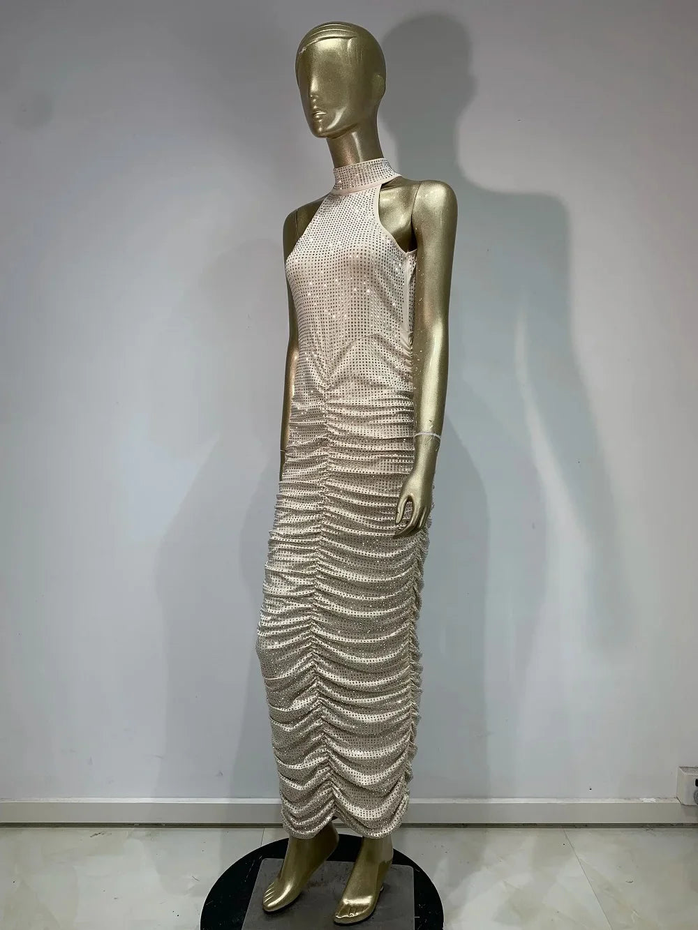 Yaphank Sleeveless Diamonds Backless Ruched Beige Maxi Long Dress