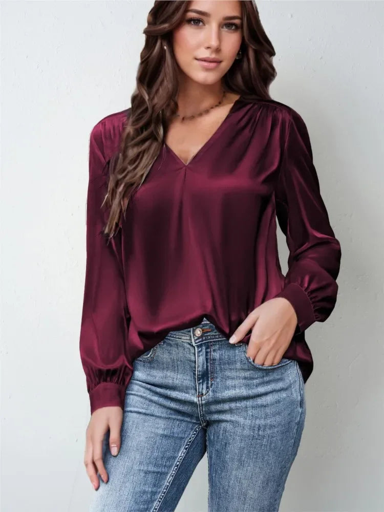 Elmer Solid Color V-Neck Long Sleeve Office Loose Elegant Blouse