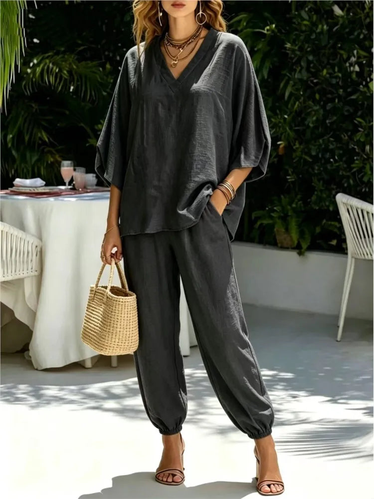 Bianca Loose Batwing Sleeve V Neck Two Piece Sets