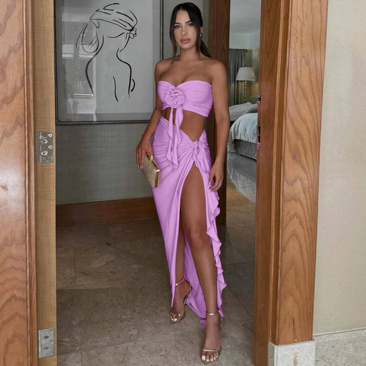 Ogdensburg Strapless Tie Flower Draped Sexy Crop Tank Slit Tassel Set