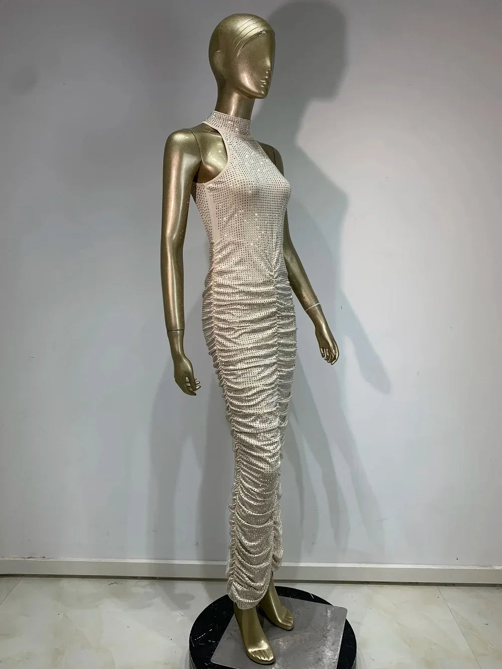 Yaphank Sleeveless Diamonds Backless Ruched Beige Maxi Long Dress