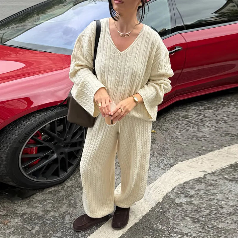 Pamela V Neck Cable Knit Wide Leg Two Piece Sets
