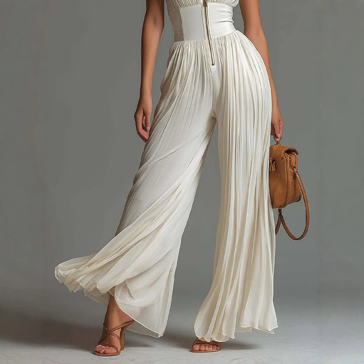 Jumpsuits Women Chiffon Rompers Summer Sleeveless Stand Collar Front Zip Slim Waist‑cinched Vacation Jumpsuits Women's Clothing