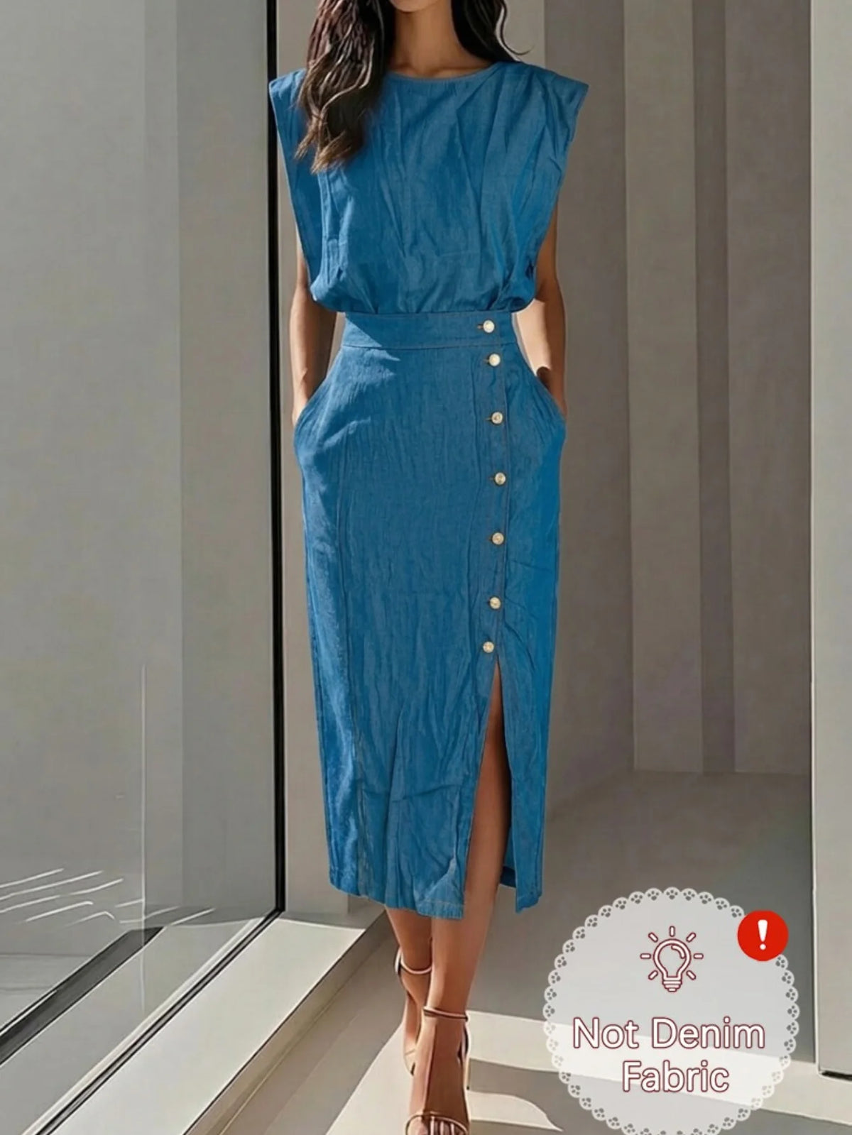 Ronny Sleeveless Outfit Boat Neck Button Decor Two Piece Sets