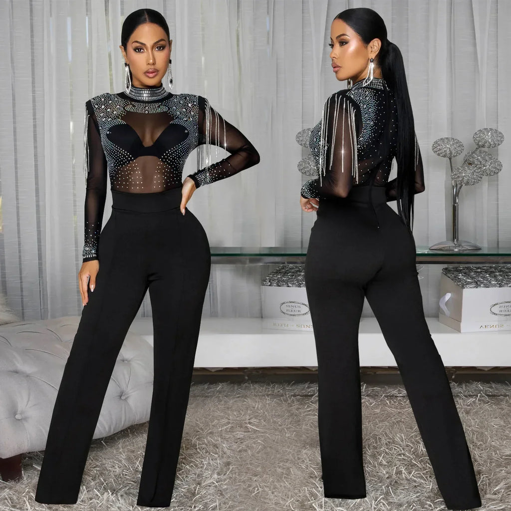 Lincoln Square Rhinestone Patchwork Mesh See Through Long Sleeves Jumpsuit