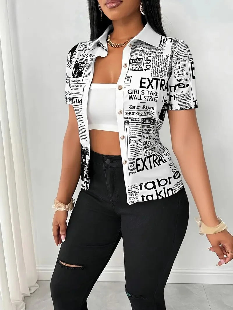 Pluto Elegant Fashion Newspaper Pattern Print Single Breasted Short Sleeve Tops