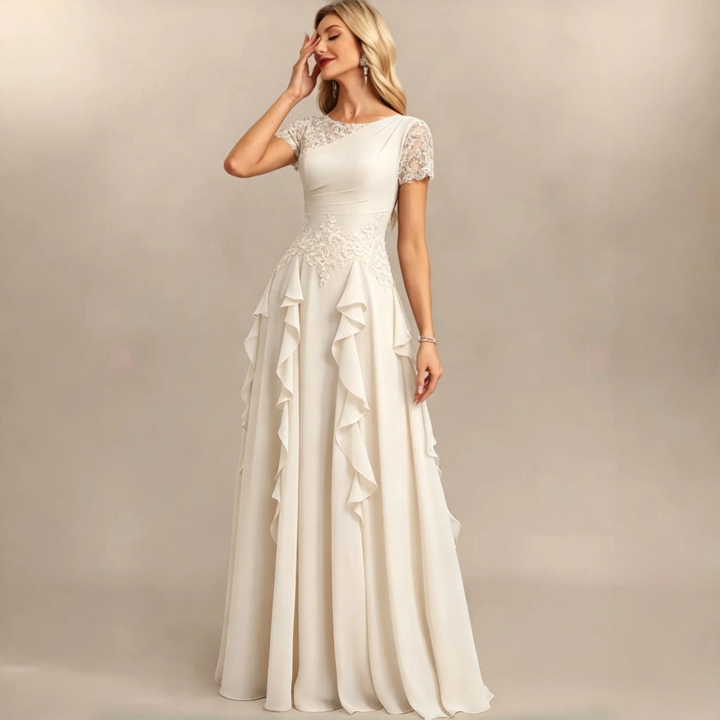 Dumbo Asymmetrical Neck Chiffon Bridesmaid Lace Sleeve Ruched Waist Cascading Dress