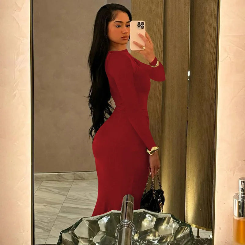 Shore Beach Solid Long Sleeve Draped Sexy Bodycon Maxi Party Dress