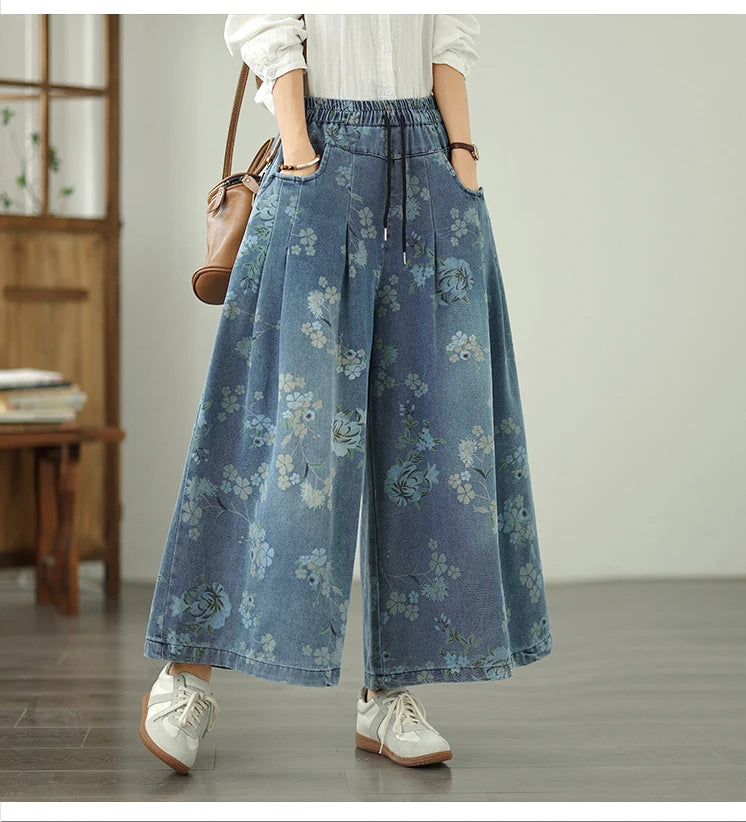 Printed Jeans For Women 2025 Autumn Vintage Extended Elastic Waist
