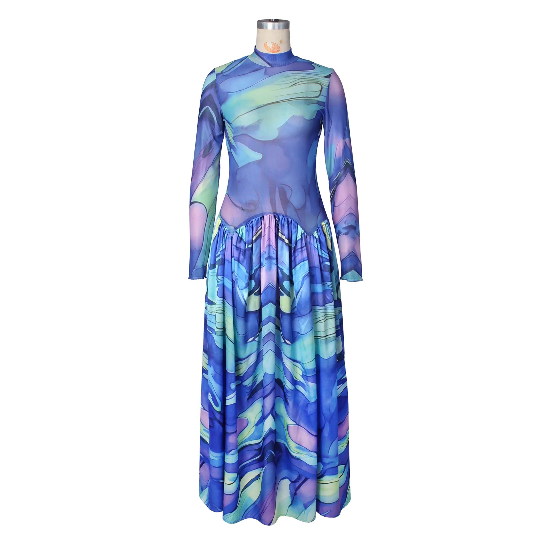 Passaic O Neck Fashion Long Sleeve Flower Printed Maxi Dress