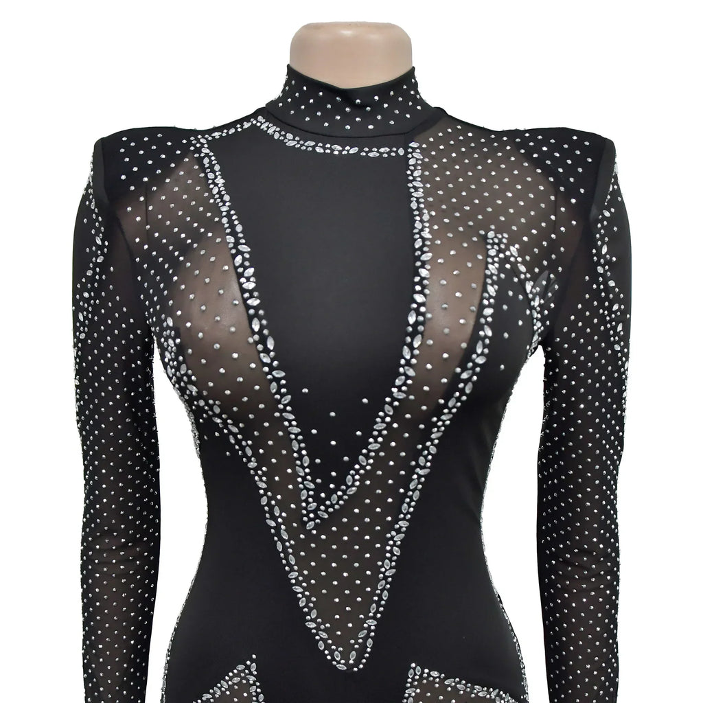 Upper West Sparkly Rhinestone Perform Costume Long Sleeve Sheer Mesh Jumpsuit