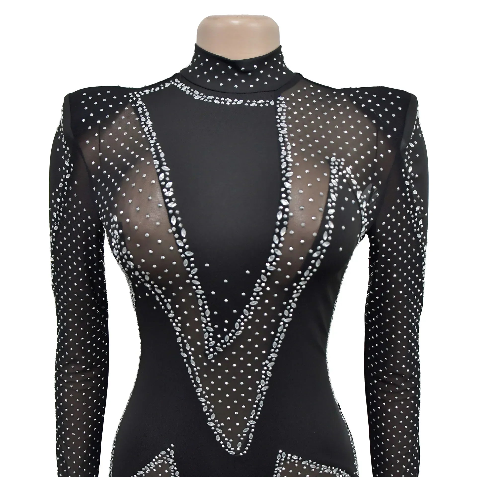 Upper West Sparkly Rhinestone Perform Costume Long Sleeve Sheer Mesh Jumpsuit