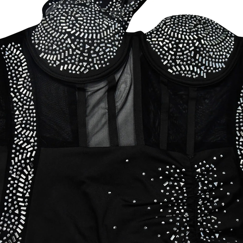 Homecrest Shoulder Mesh Rhinestone See Through Night Club Outfits Dress