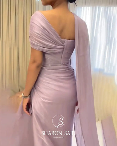 Mountainside Elegant One Shoulder Evening with Draped Cape Arabic Dress