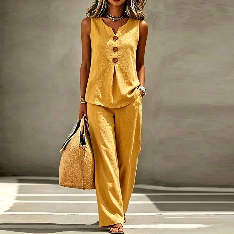 Merida Summer Sleeveless V Neck Button Two Piece Sets