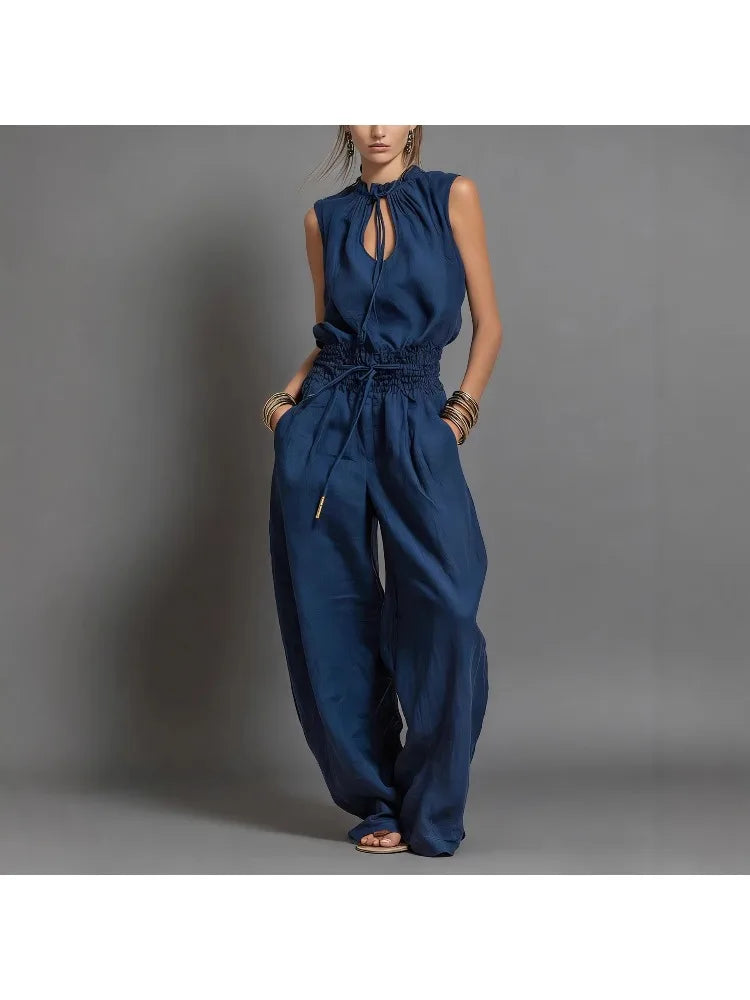 Summer Jumpsuits for Woman Wide Leg Sleeveless Lace Up Jumpsuit High