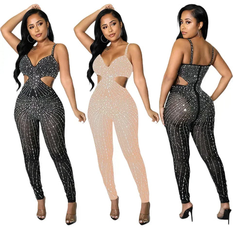 Gramercy Park Fashion Sexy Mesh Perspective Hot Drill Sleeveless Halter Jumpsuit