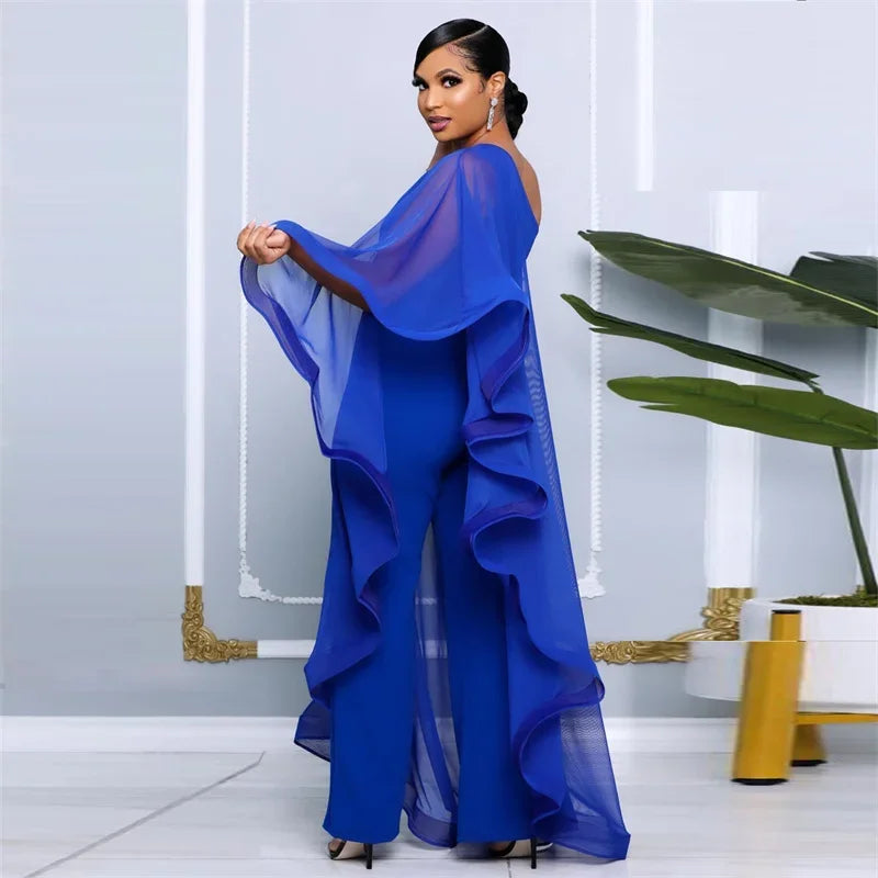 Oldwick Elegant Chiffon One Shoulder Wide Leg Jumpsuit