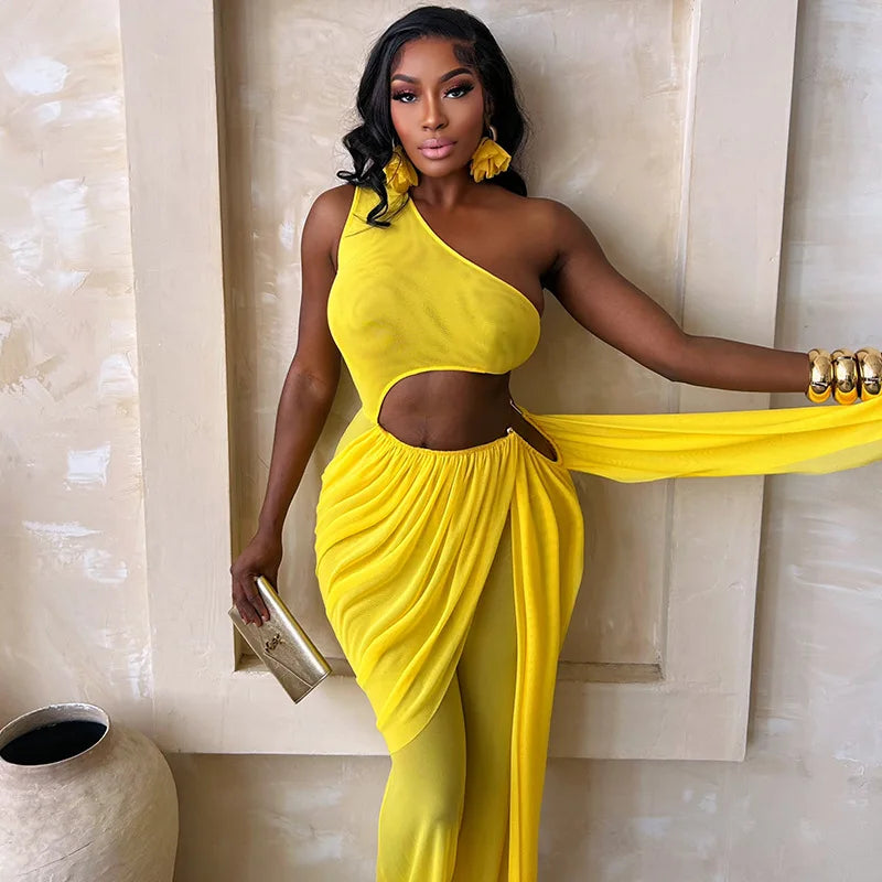Alabama Mesh See Through One Shoulder Cutout Waist Jumpsuit Draped Overlay