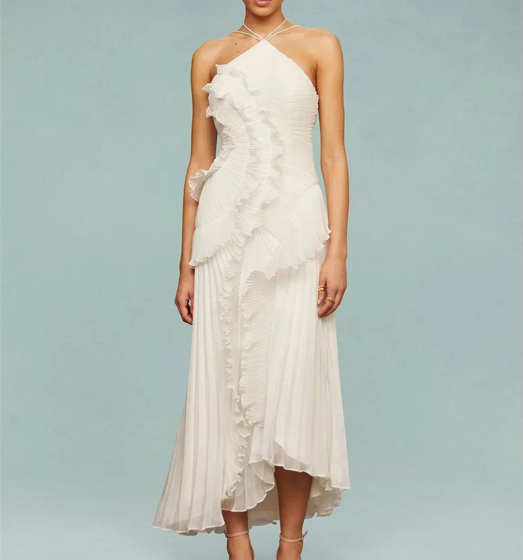 Indiana Ruffle Pleated Fashion Sleeveless Halter Irregular Tiered Pleated Maxi Dress