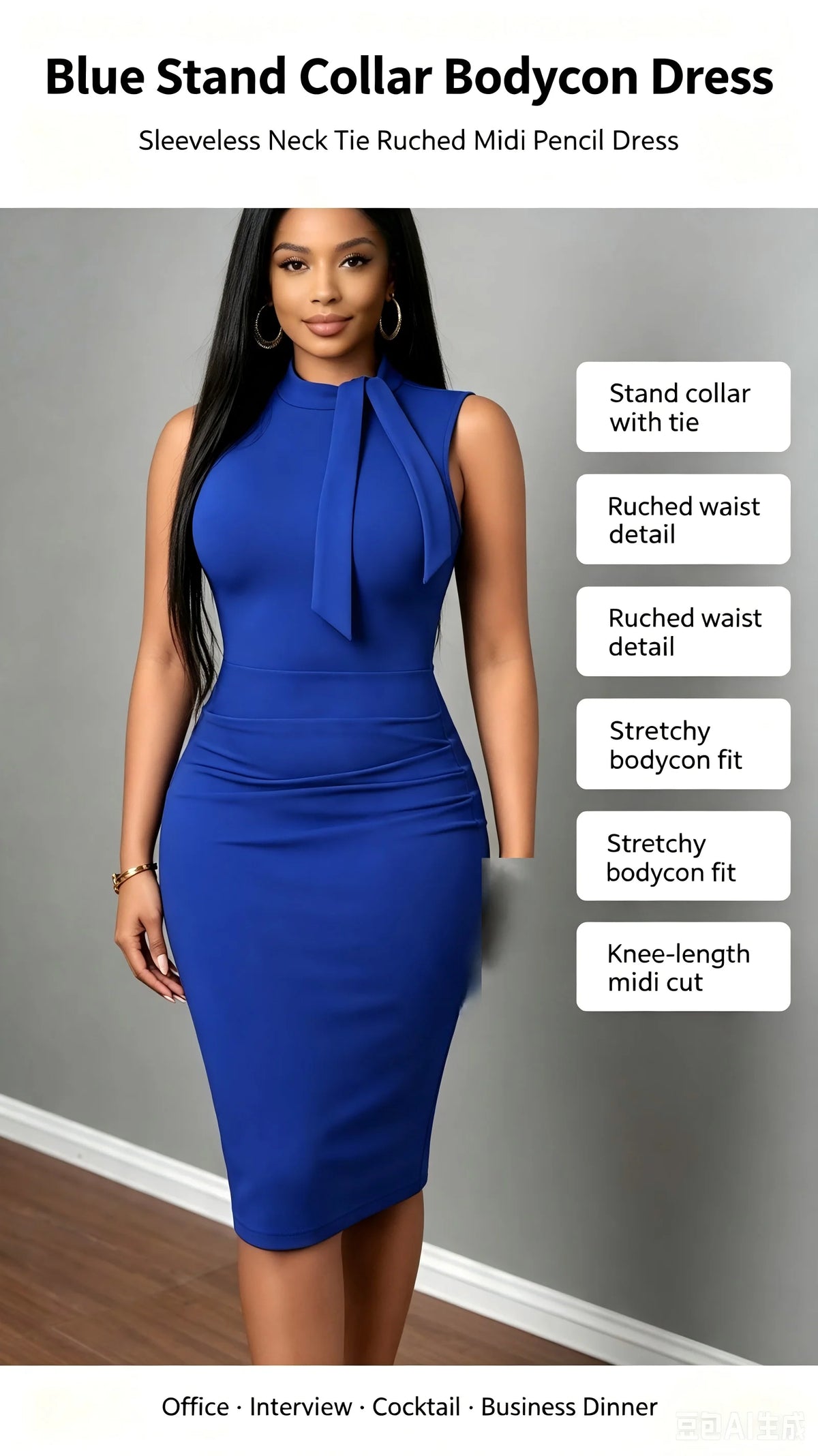 Arizona Elegant Sleeveless Bodycon Stand Collar Neck Tie Ruched Waist Sheath Midi Dress