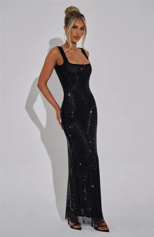 Bellport Sequins Backless Gown Sparkle Square Collar Sleeveless Bodycon Long Dress