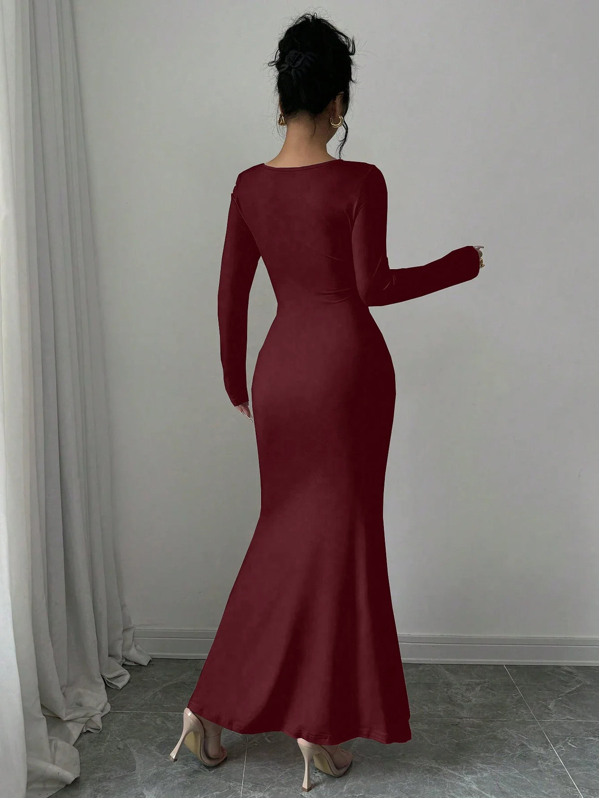 Nisao Four Seasons New Style Elegant Temperament Retro Solid Color Square Long Dress