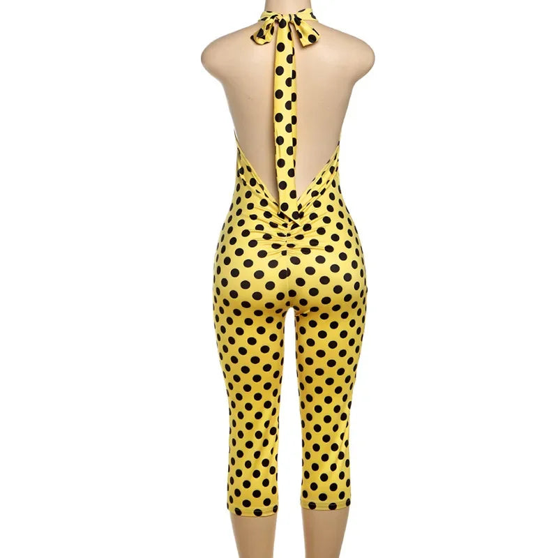 Sunset Park Dots Print Lace Up Halter Backless Skinny Knee Length Jumpsuits