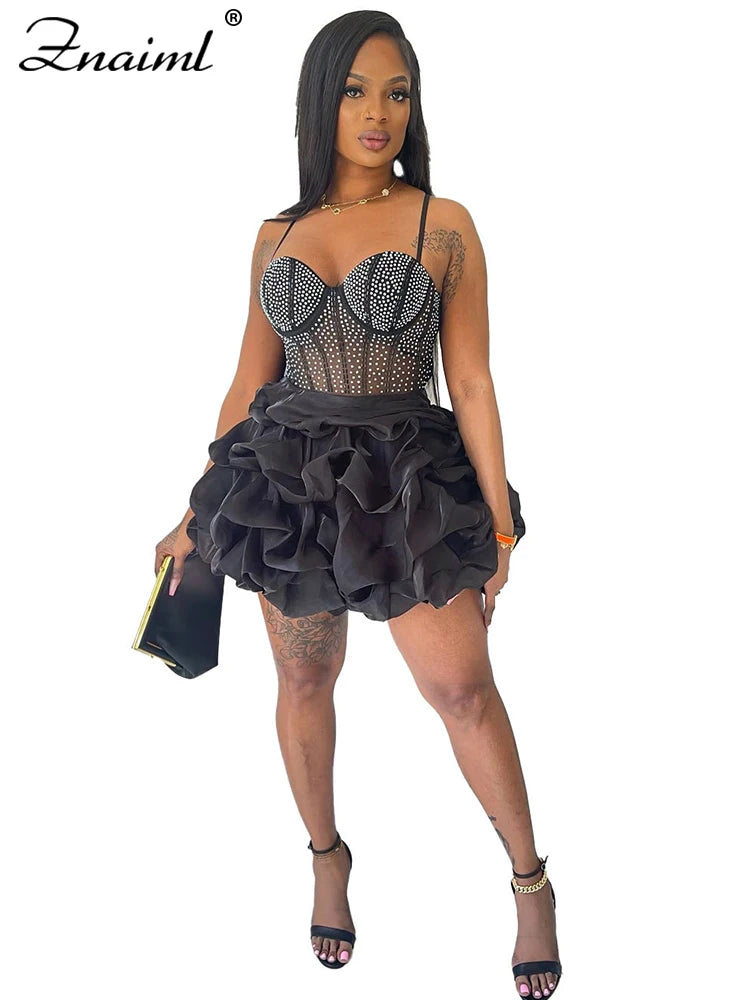 Elegant Christmas Mesh Sheer Patchwork Diamonds Rhinestone Mini Dress