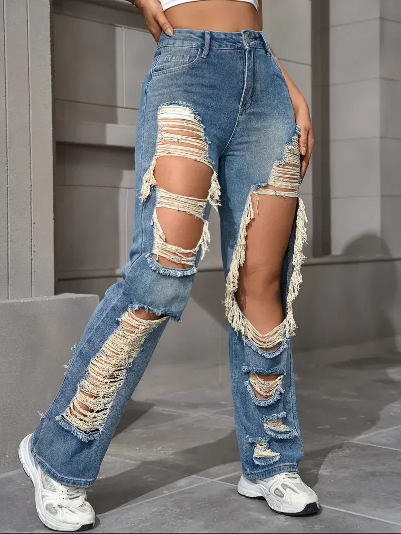 Harvey Cedar Light Washed Ripped High Waist Baggy Straight Leg  Denim