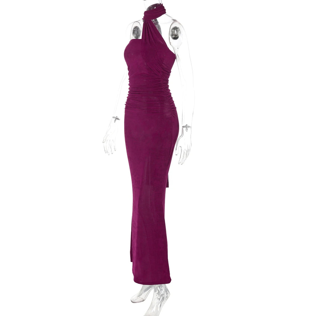 Chicago Halter Solid Sleeveless Backless Ruched Sexy Bodycon Maxi Prom Dress