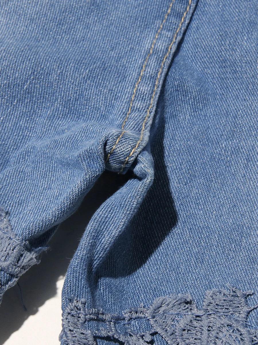 Old Bridge Solid Slimming Hollow Out Denim High Waist Spliced Button Jeans