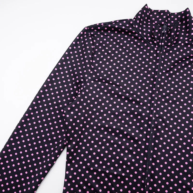 Mattituk Puss Polka Dot Print Women Tracksuit Zip Crop Two Piece Set