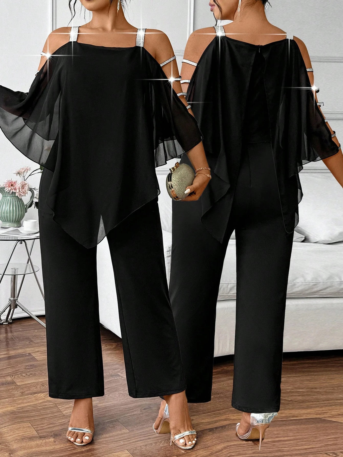Plus Size Jumpsuit Women Cold Shoulder Chiffon Flare Sleeve Wide Leg Jumpsuit